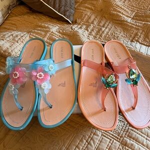 2Pr Nine West Sandals w/Floral Accents Blue & Turtle Rhinestone Accent Orange
